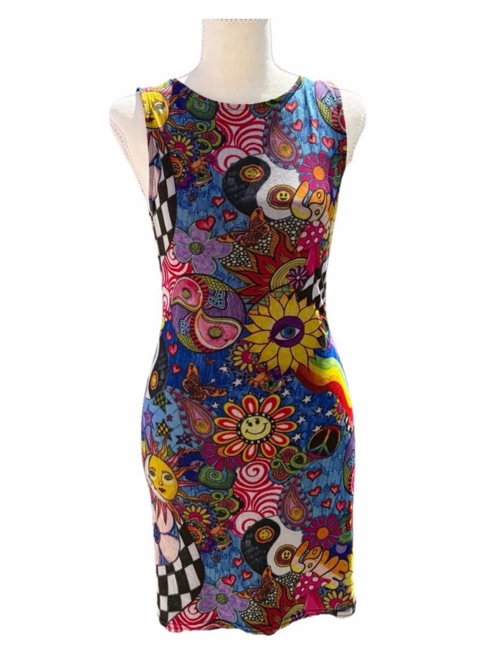 Urban Outfitters Hippie Graphic Multicolor Mesh Mini Tank Dress Size M Rare - Picture 5 of 8